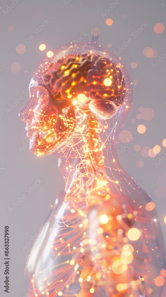 Obraz premium Human Anatomy of Upper Body. 3D Illustration of Head and Neck in Translucent Concept