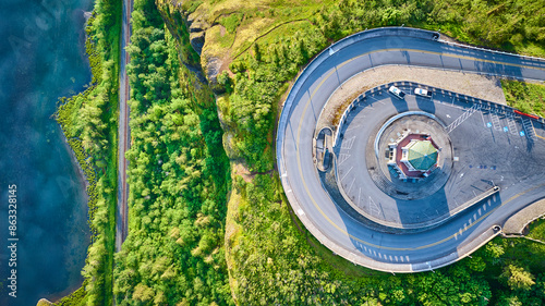 Aerial View of Scenic Winding Road and Vista House at Crown Point photo