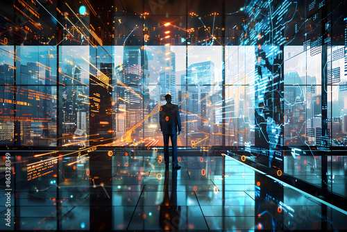 Entrepreneur Looking out the window with a technological background 