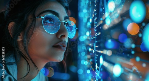 Woman Wearing Blue Glasses Looks At Screen With Blue Light