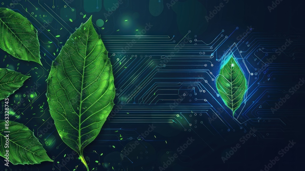 Fototapeta premium Green Leaf on a Circuit Board