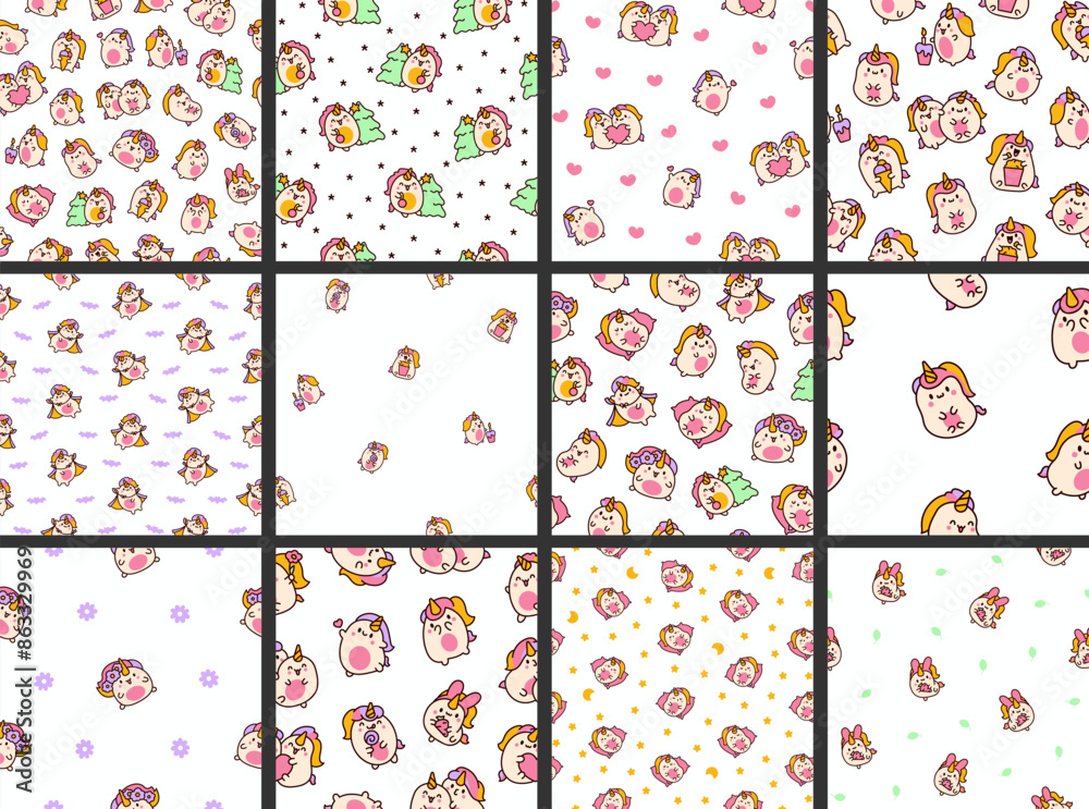 Cute kawaii unicorn. Seamless pattern. Fairy tale cartoon happy pony characters. Hand drawn style. Vector drawing. Collection of design ornaments. Cute kawaii unicorn. Seamless pattern. Fairy tale cartoon happy pony characters. Hand drawn style. Vector drawing. Collection of design ornaments.