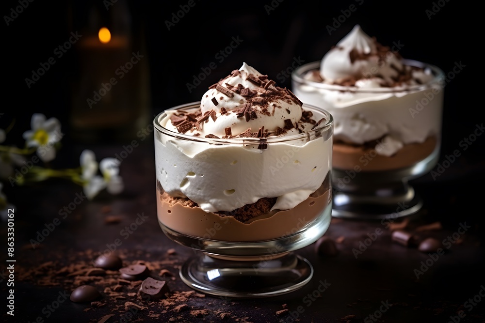 Deliciouos chocolate pudding with whipped cream on top. Deliciouos chocolate pudding with whipped cream on top.