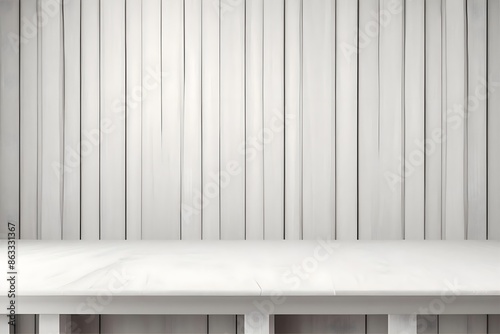 Empty wooden white table over white wall background, product display montage