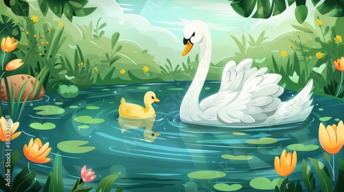 Fototapeta Naklejka Na Ścianę i Meble -  Cartoon swan and duck swimming in the pond