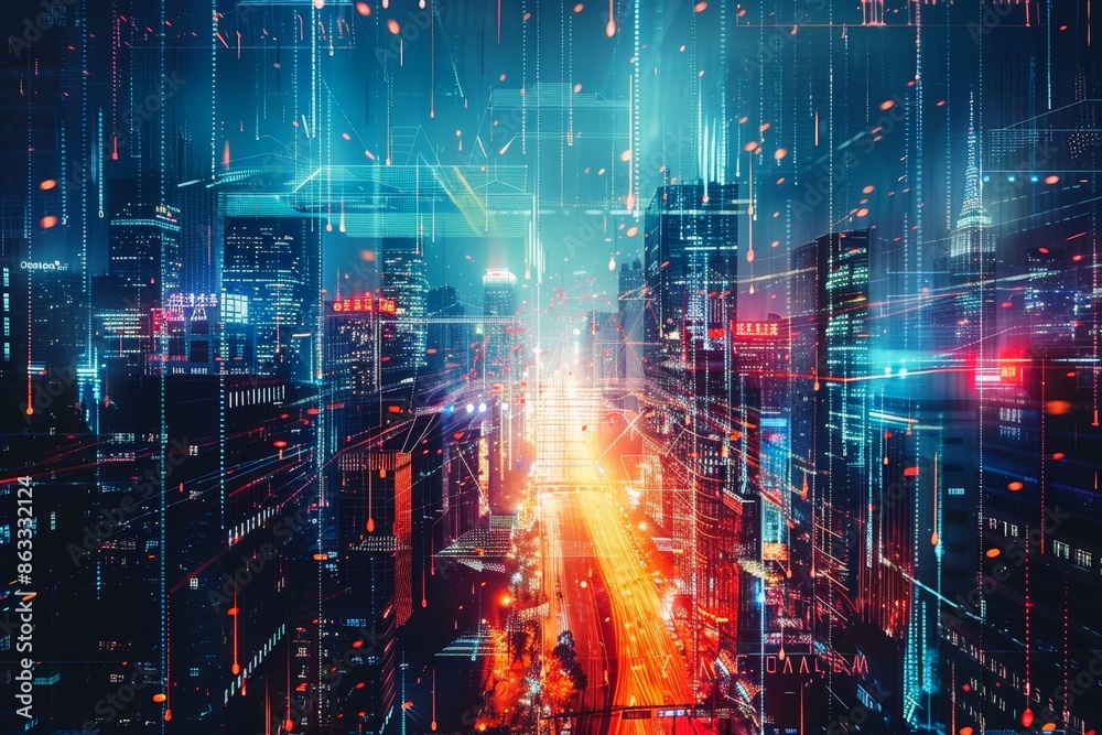 A bustling cityscape revealing a digital world beneath the surface. A bustling cityscape revealing a digital world beneath the surface.