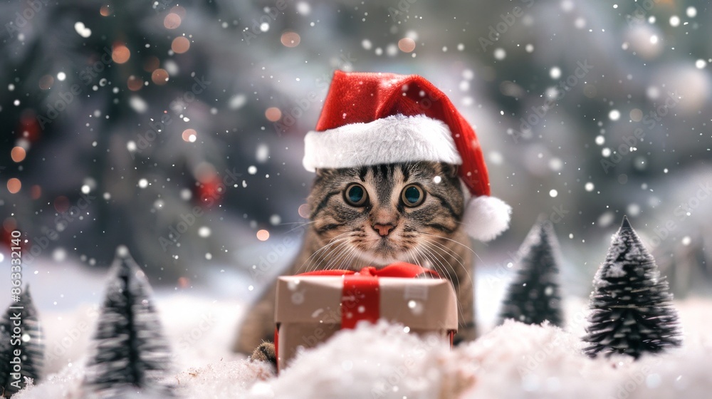 Cute tabby cat wearing Santa hat with a gift in snowy landscape. Concept of Christmas, holiday season, festive pets, winter celebration