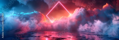 3d rendering, abstract futuristic background with neon geometric shape and stormy cloud on night sky. with copy space
