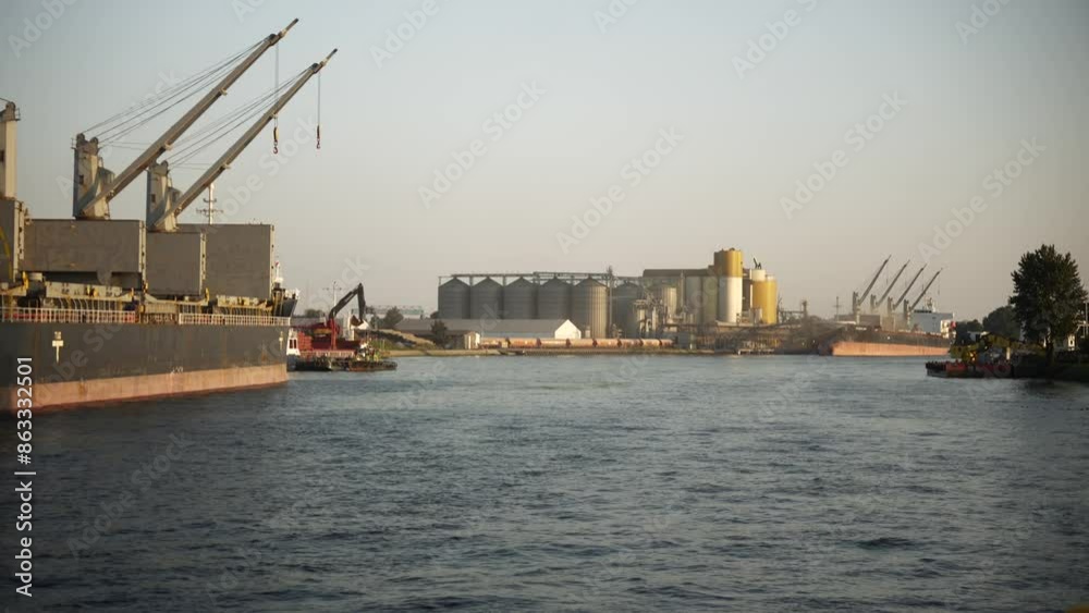 Gdansk, Poland. River walk and views of cargo cranes during sunset Gdansk, Poland. River walk and views of cargo cranes during sunset