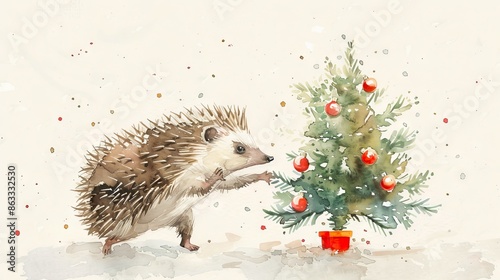 Watercolor painting of a hedgehog touching a small decorated Christmas tree. Concept of holiday art, festive season, cute animals photo