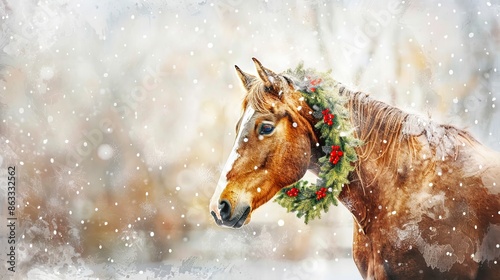 Chestnut horse adorned with a festive wreath in a snowy winter landscape. Concept of holiday season, animal beauty, equestrian, nature scene. Copy space photo