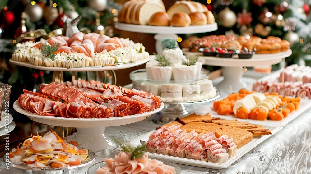 Elegant festive banquet table with assorted appetizers and holiday decor concept of holiday feast concept of festive celebration Elegant festive banquet table with assorted appetizers and holiday decor concept of holiday feast concept of festive celebration