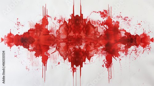 The image displays a red inkblot on a white background. The pattern of the inkblot is symmetrical with extensions that could be interpreted as having four distinct protrusions