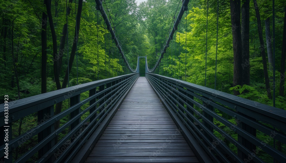 A serene suspension bridge stretches across a vibrant lush forest during summer time, inviting exploration A serene suspension bridge stretches across a vibrant lush forest during summer time, inviting exploration