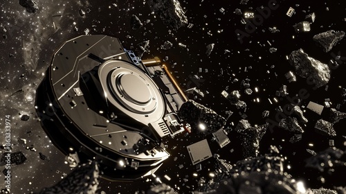 Metallic Object Surrounded by Space Debris