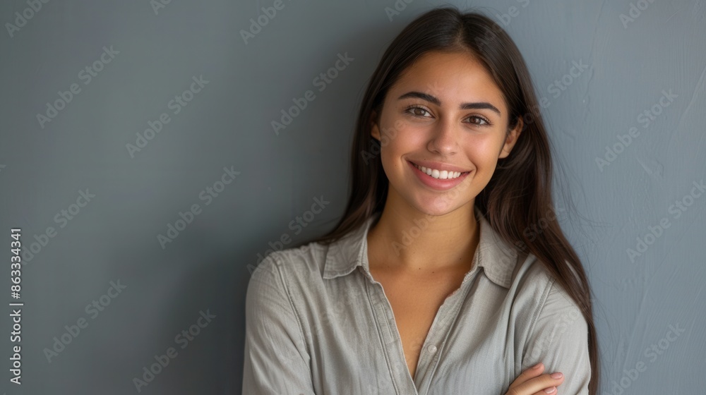 A young Latina woman with long brown hair smiles pleasantly while standing against a grey wall with her arms crossed. Generative AI A young Latina woman with long brown hair smiles pleasantly while standing against a grey wall with her arms crossed. Generative AI