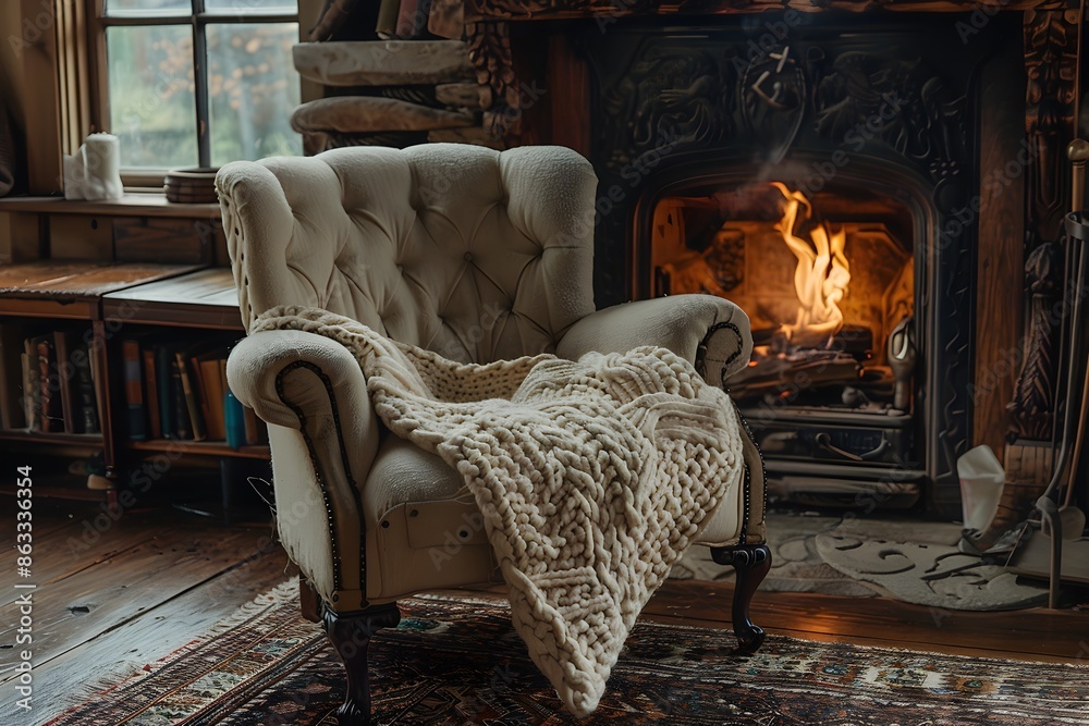 Fototapeta premium old-fashioned chair by a fireplace, with blanket