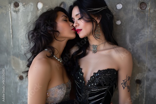 Two beautiful lesbian women kissing, Valentine's Day. Portrait of a sensual female lesbian couple © Katsiaryna