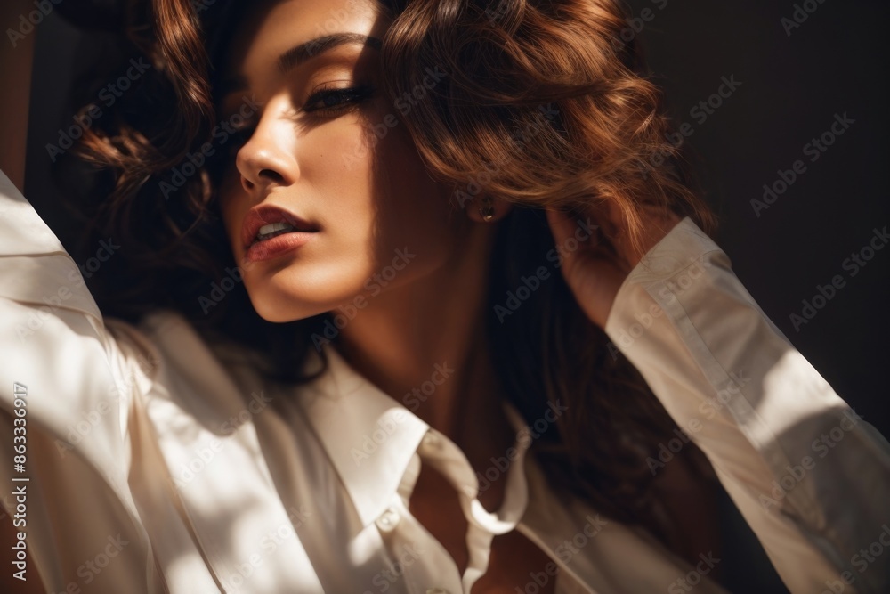 Fashionable beautiful young woman with high contrast shadow Fashionable beautiful young woman with high contrast shadow