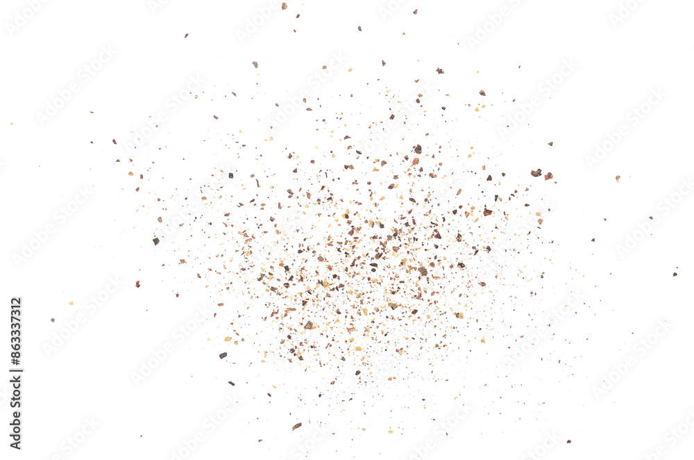 Black ground pepper scattered, spice flying isolated on white, clipping path	