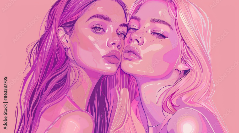 A portrait of a two romantic friendship girls in LGBT lesbian relationship. Illustration art in pink colors A portrait of a two romantic friendship girls in LGBT lesbian relationship. Illustration art in pink colors