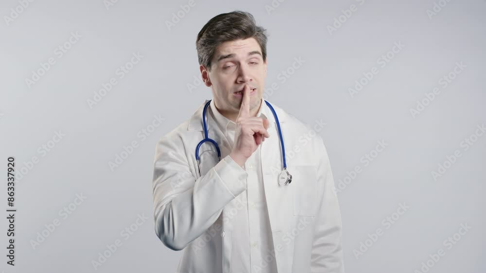 Gossiper doctor man, Gesture Of Shh, Secret, Silence, Conspiracy, Gossip, Rumors, Hush on white studio background Gossiper doctor man, Gesture Of Shh, Secret, Silence, Conspiracy, Gossip, Rumors, Hush on white studio background