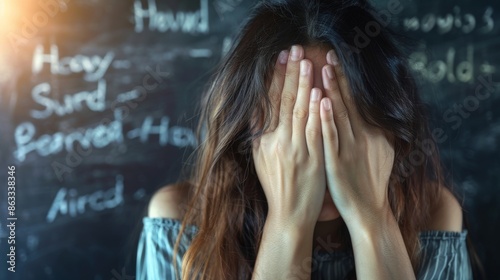 Introspective Teenager in a School Setting, Holding Her Face in Confusion or Concern with Writing on the Chalkboard in the Background