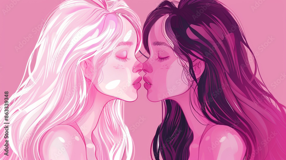 Illustration art of two cute girls women kissed each other on pink background. Portrait of lesbians gay couple. LGBT Pride month concept Illustration art of two cute girls women kissed each other on pink background. Portrait of lesbians gay couple. LGBT Pride month concept