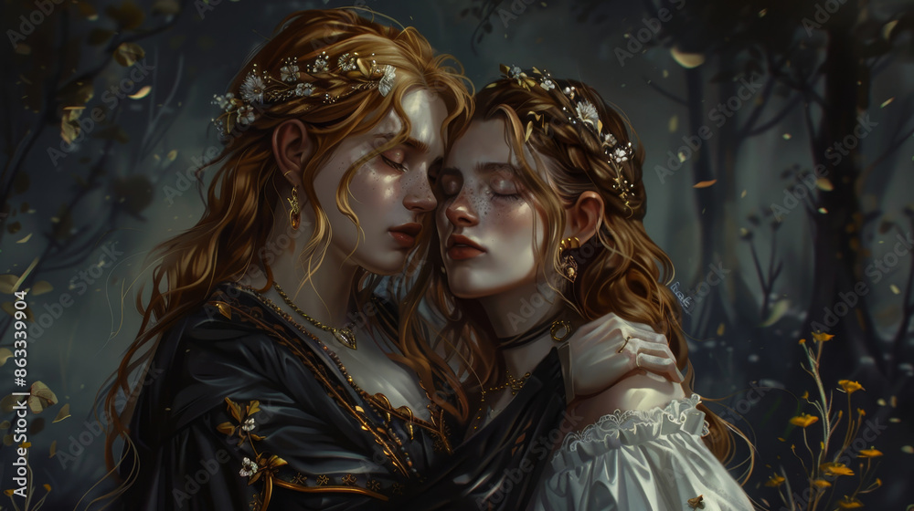 A portrait of a women in the past times with long hair and white skin. Retro photo of two girls in the forest. Fairy core A portrait of a women in the past times with long hair and white skin. Retro photo of two girls in the forest. Fairy core