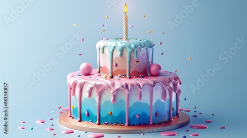 3D icon vector illustration of a twotier birthday cake covered in melting glaze with one burning candle A sweet icing treat for anniversary celebration festive holiday gift and photo