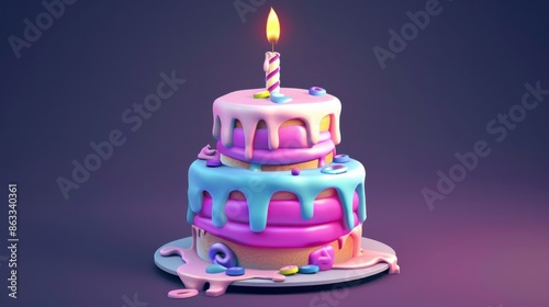 3D icon vector illustration of a twotier birthday cake covered in melting glaze with one burning candle A sweet icing treat for anniversary celebration festive holiday gift and photo