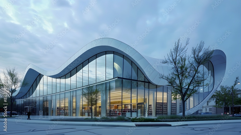 Fototapeta premium view of futuristic architecture, Skyscraper of office building with curve glass window, 3D rendering