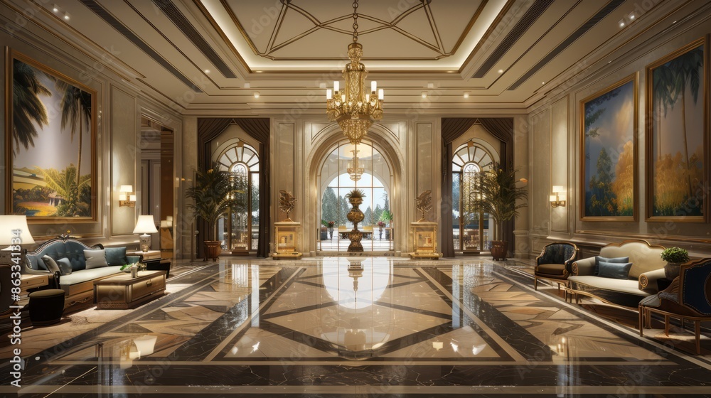 Fototapeta premium Step into luxury at this exquisite hotel lobby with its elegant furnishings and stunning grand entrance.