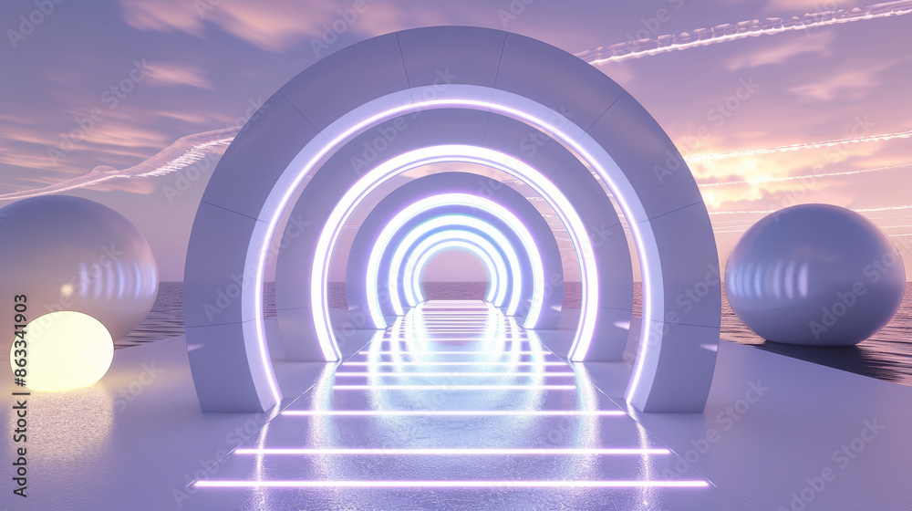 3d render of a futuristic modern cyber light neon white light glowing tunnel on sunset. Minimalistic geometry circle shaped background for product presentation or disco music concept 3d render of a futuristic modern cyber light neon white light glowing tunnel on sunset. Minimalistic geometry circle shaped background for product presentation or disco music concept