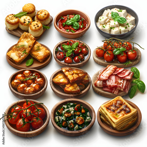 Pinchos and tapas typical of the basque country, spain. selection of different types of foods to choose from. san sebastian hyper realistic isolated on white background, isometry, png 