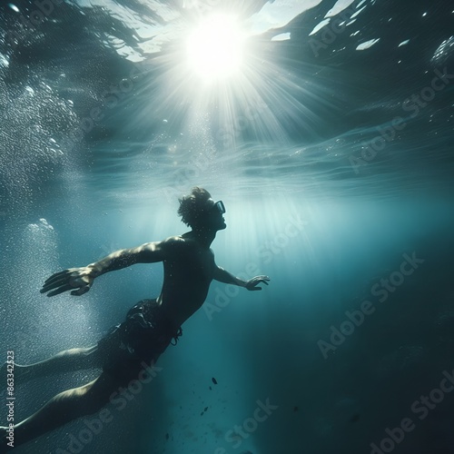 Wallpaper Mural Underwater Enlightenment Man Contemplating Light Beneath the Waves Torontodigital.ca