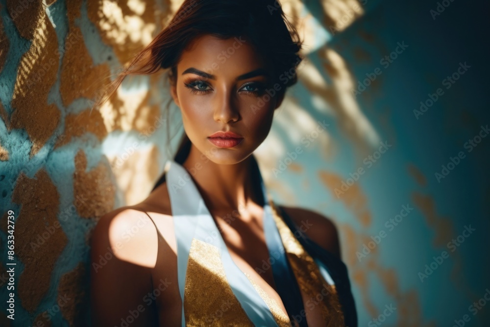 Fashionable beautiful young woman with high contrast shadow Fashionable beautiful young woman with high contrast shadow