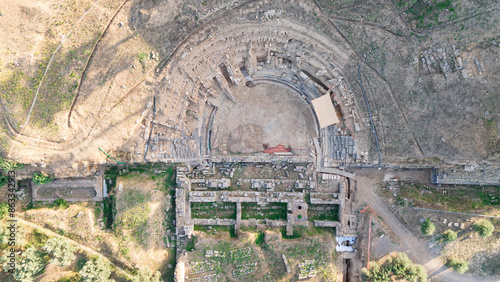 Aerial panoramic view of Sparta city with Taygetus mountains and ancient ruins remains in Peloponnese, Greece photo