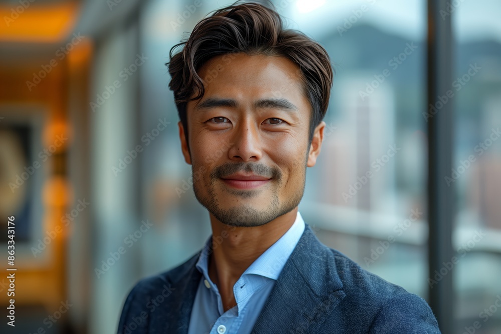 Obraz premium Confident Asian Businessman in City Executing AI Work
