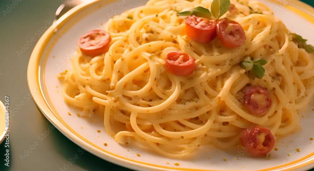 Carbonara spaghetti on background 4k Carbonara spaghetti on background 4k