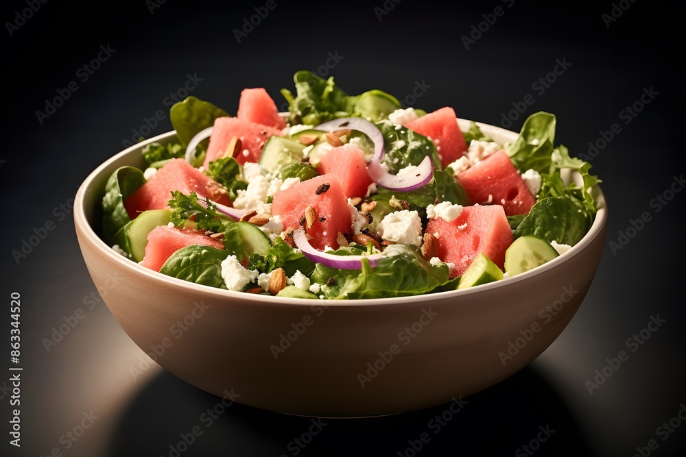 Fresh watermelon and feta cheese salad with mint leaves on a plate. Fresh watermelon and feta cheese salad with mint leaves on a plate.