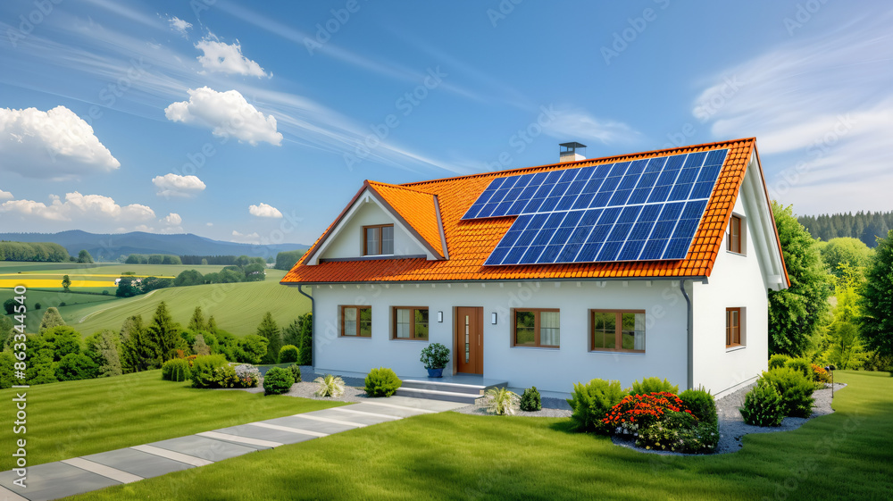 Modern home with solar panels for sustainable and renewable energy solution Modern home with solar panels for sustainable and renewable energy solution