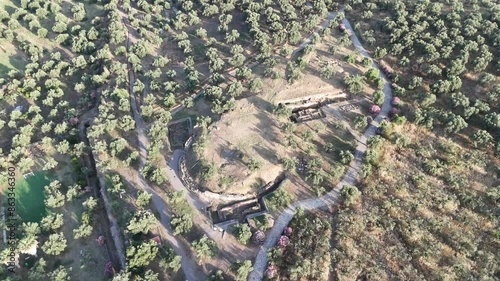 Aerial panoramic view of Sparta city with Taygetus mountains and ancient ruins remains in Peloponnese, Greece