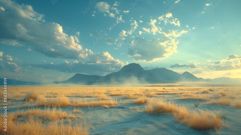 Obraz premium Golden Grass and Mountains Under a Blue Sky at Sunset