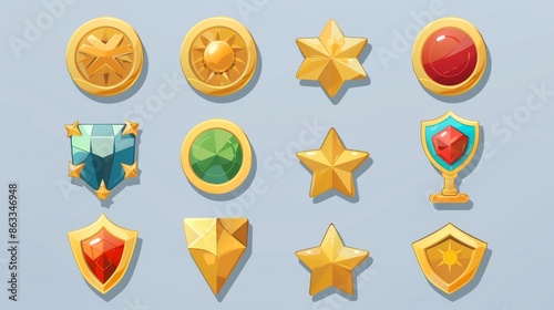 Cartoon coins with gold, silver, and bronze, golden cups and trophies, stars, shields with mystic signs, a magnet, calendar, award medal, and money stacks are provided in this set to enhance user