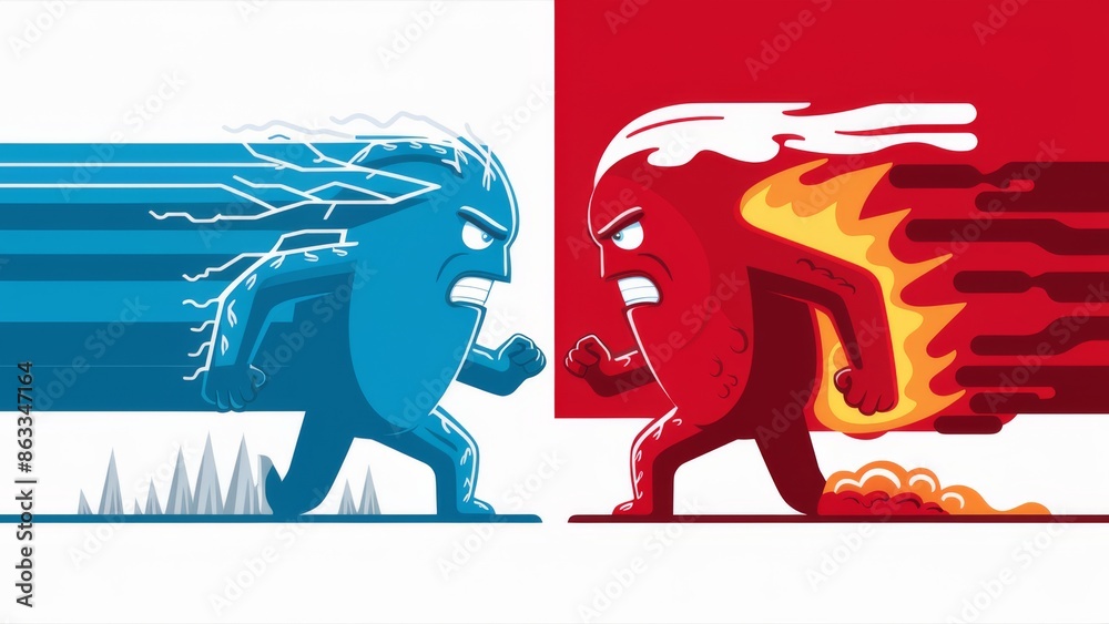 Fototapeta premium Two cartoon characters are running in opposite directions with fire and ice, AI