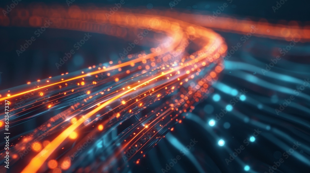 Fototapeta premium Glowing electricity cable connection in an abstract internet cyber concept background with optical cords for telecommunication