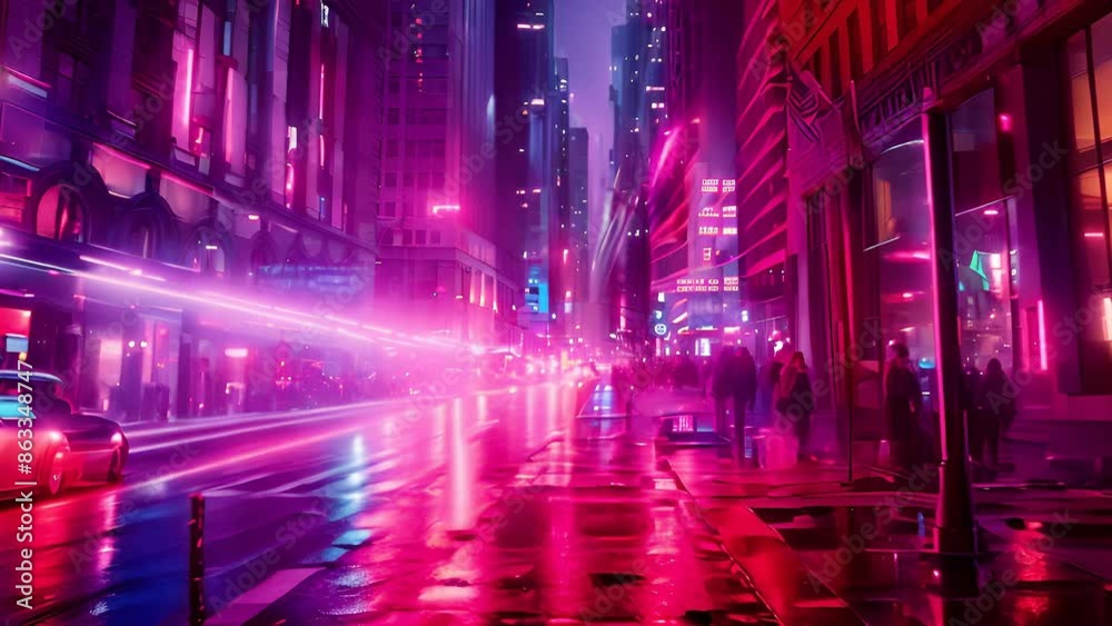 A bustling city street at night, illuminated by vibrant neon lights. The wet pavement reflects the colorful glow, creating a mesmerizing urban landscape A bustling city street at night, illuminated by vibrant neon lights. The wet pavement reflects the colorful glow, creating a mesmerizing urban landscape