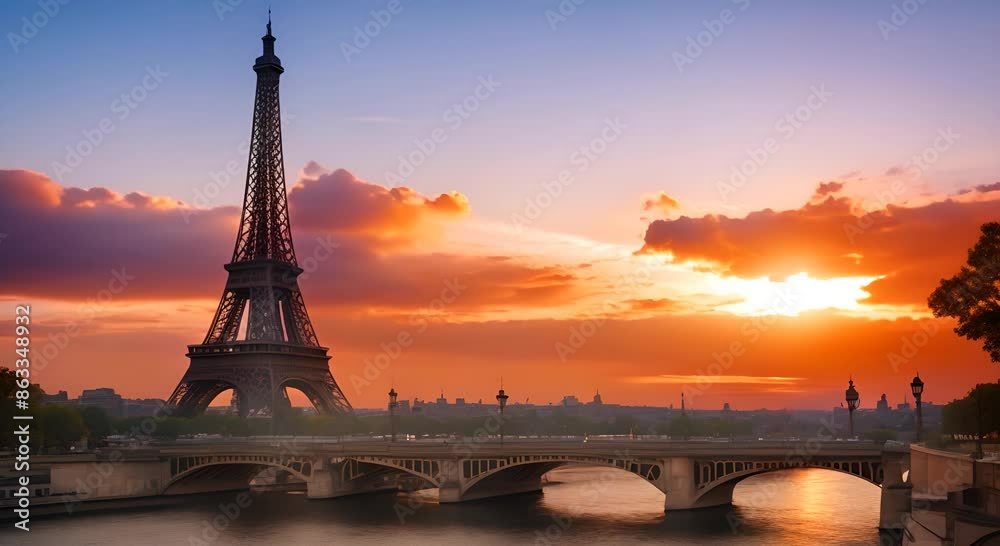 Sunset atmosphere at the Eiffel Tower in Paris Seamless looping video animation 4k
