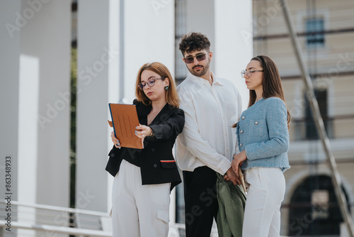 Young professionals having a business meeting outdoors, discussing plans using a tablet, showing teamwork and collaboration.